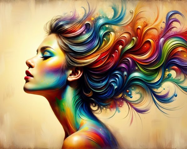 Vibrant Artistic Woman's Profile with Colorful Hair Waves