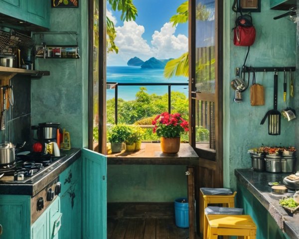 Turquoise Cabinets in a Cozy Kitchen with Sea View
