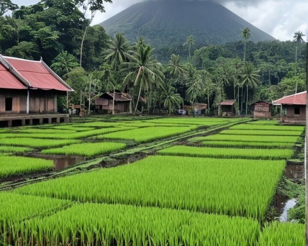 Lush Rice Fields with Volcano and Traditional Houses