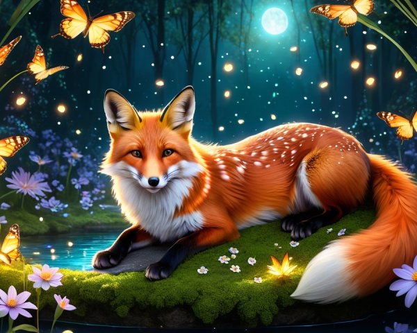 Orange fox resting by a serene pond in a forest