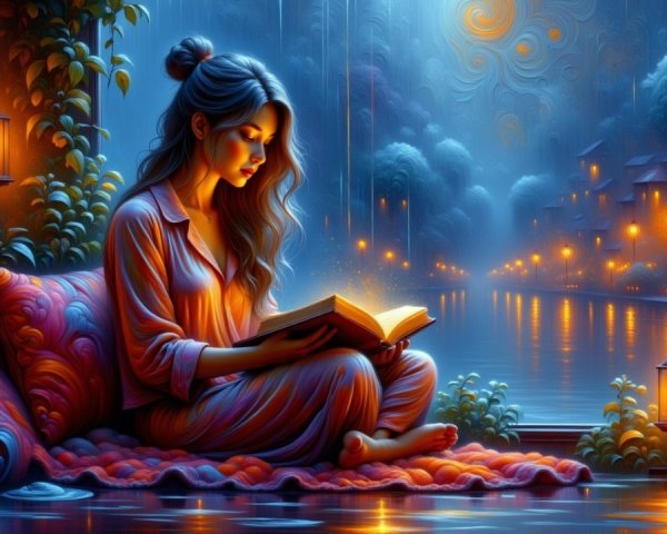 Serene river scene with a woman reading at night