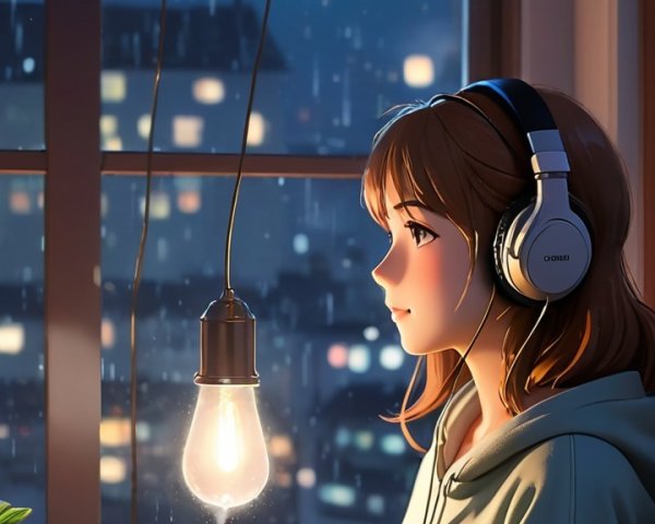 Cozy Rainy Night Scene with Girl by Window
