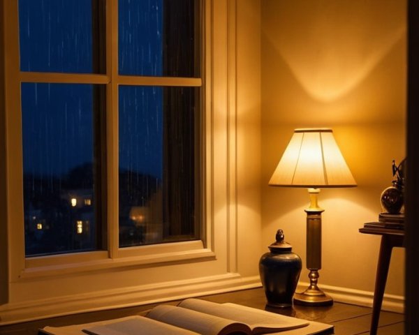 Cozy Indoor Scene with Rain and Soft Lighting