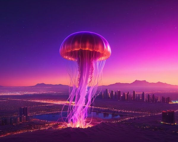 Jellyfish Above Futuristic City at Dusk