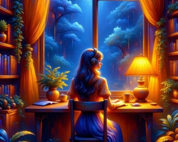 Cozy library scene with a woman working indoors
