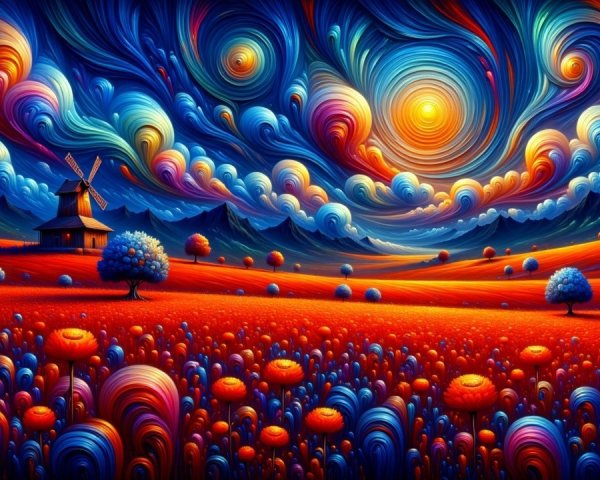 Vibrant Landscape with Swirling Skies and Windmill