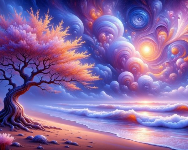 Surreal Landscape with Vibrant Sky and Serene Beach