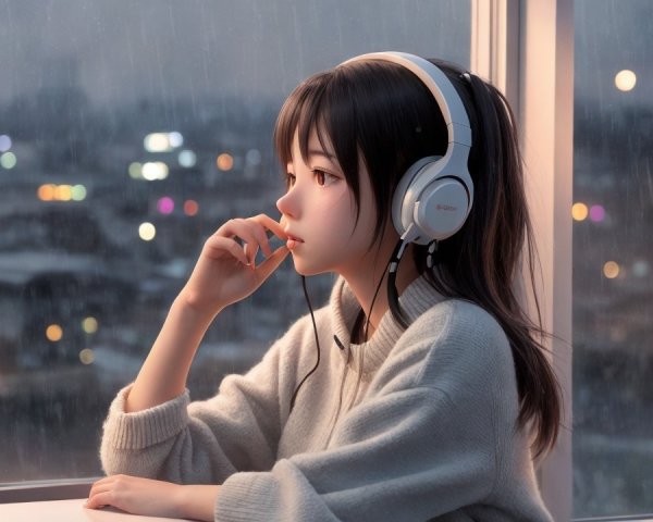 Young woman by rain-soaked window with headphones
