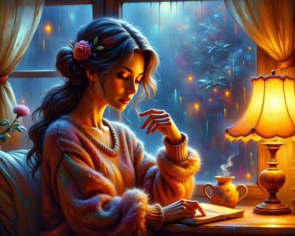 Young Woman Reading in a Cozy, Rainy Setting