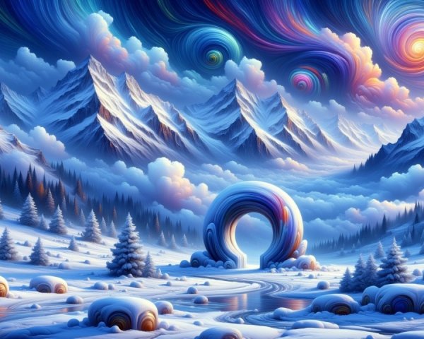 Winter Landscape with Snow-Capped Mountains and Portal