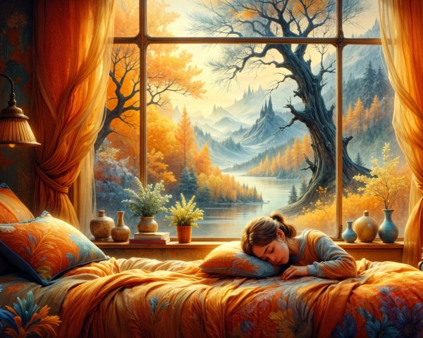 Serene Bedroom with Autumn Colors and Scenic Views