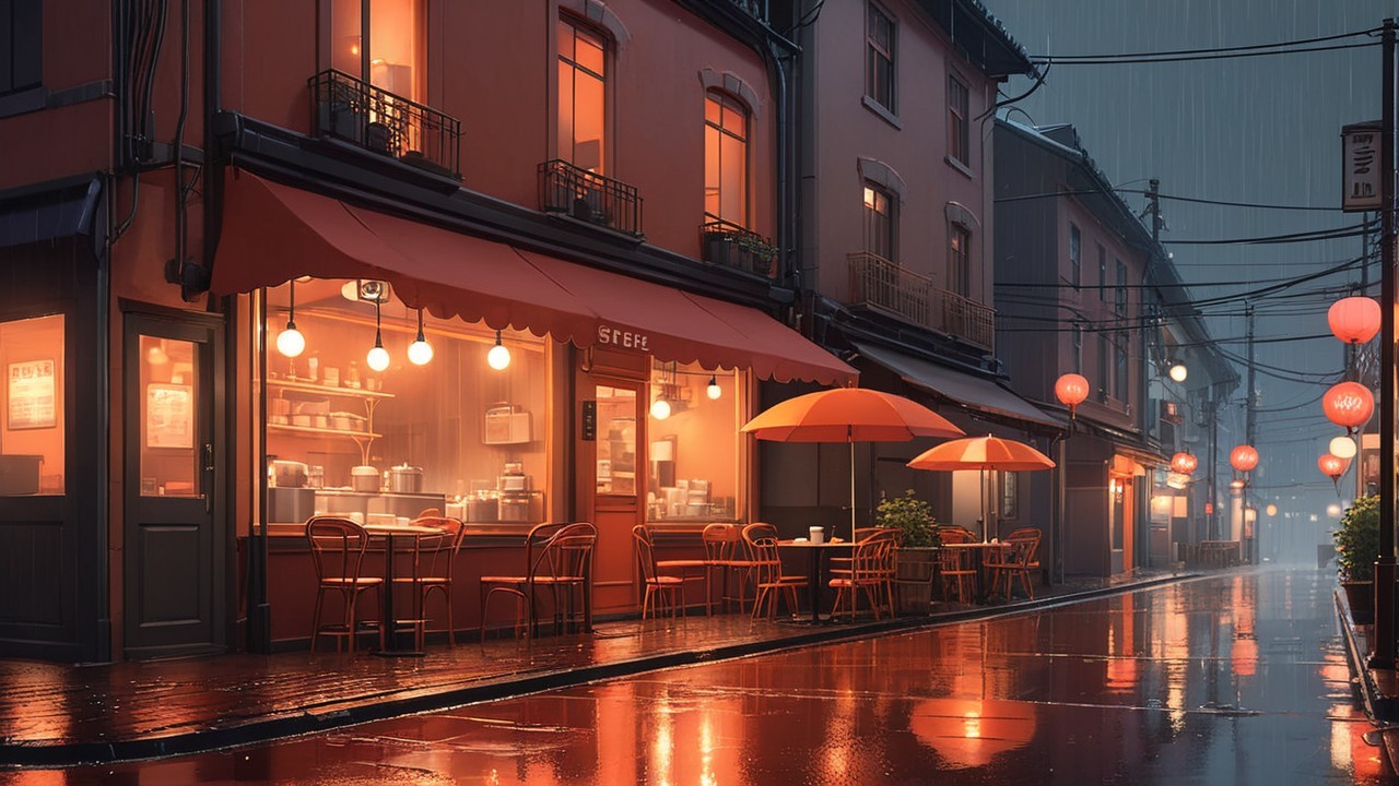 Charming Rain-Soaked Street with Cozy Eateries