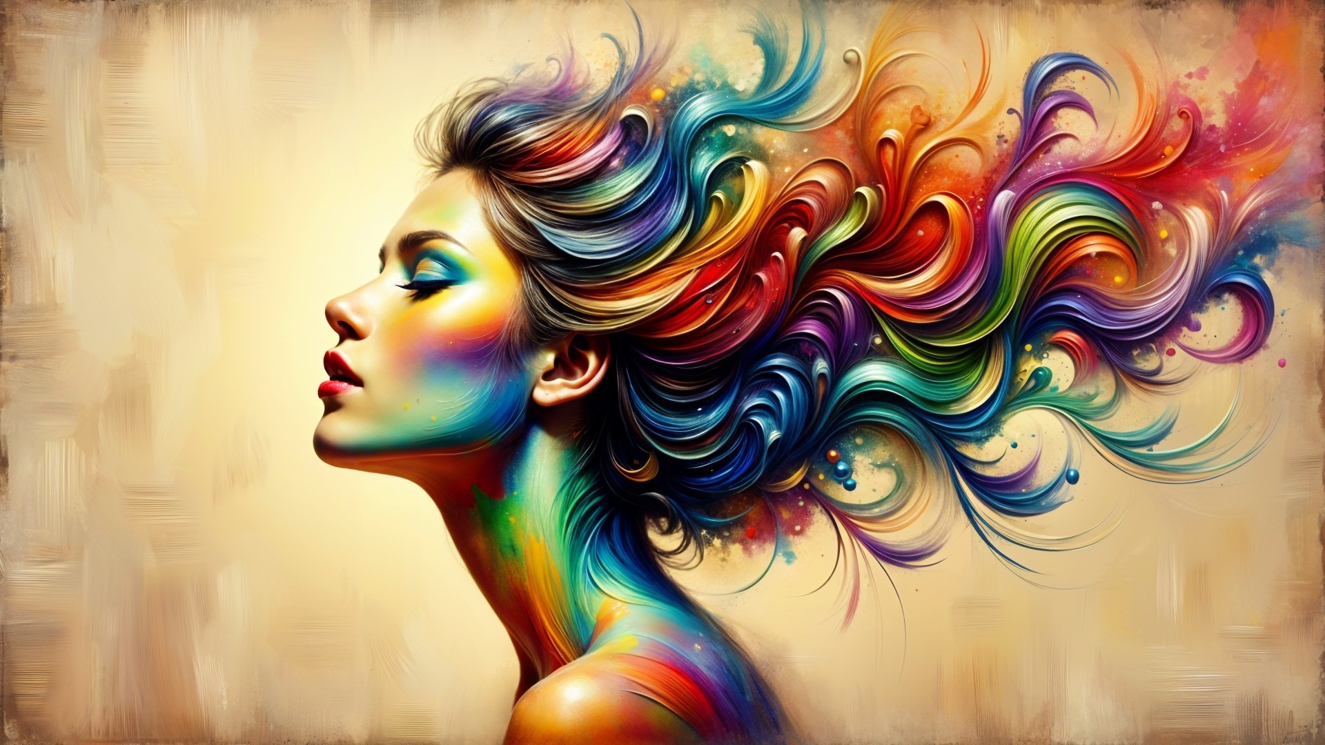 Vibrant Artistic Woman's Profile with Colorful Hair Waves