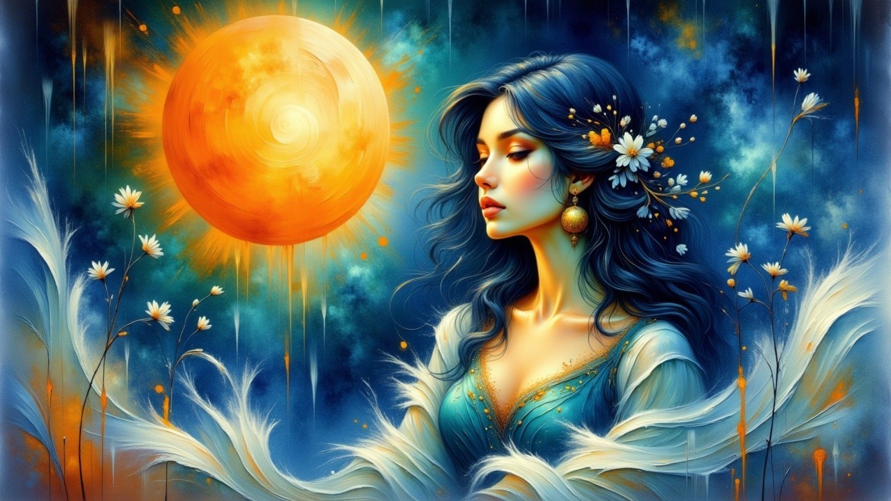 Serene Woman with Flowers and Radiant Sunset Background