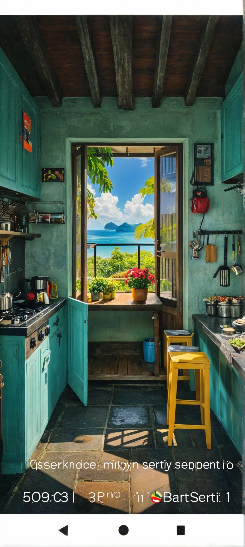 Turquoise Cabinets in a Cozy Kitchen with Sea View