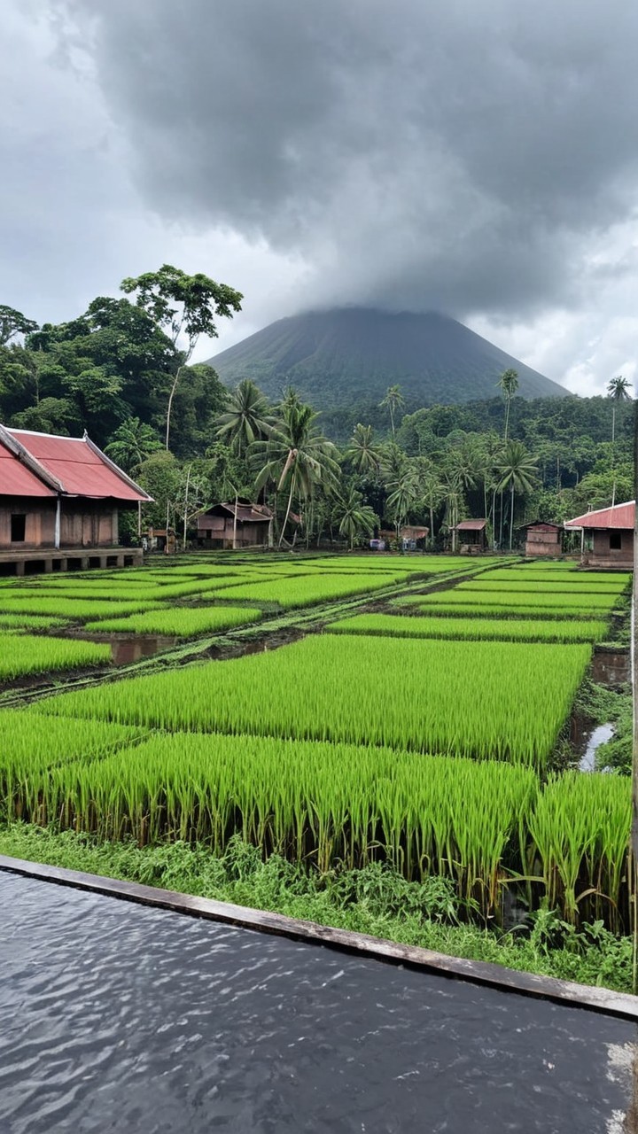 Lush Rice Fields with Volcano and Traditional Houses