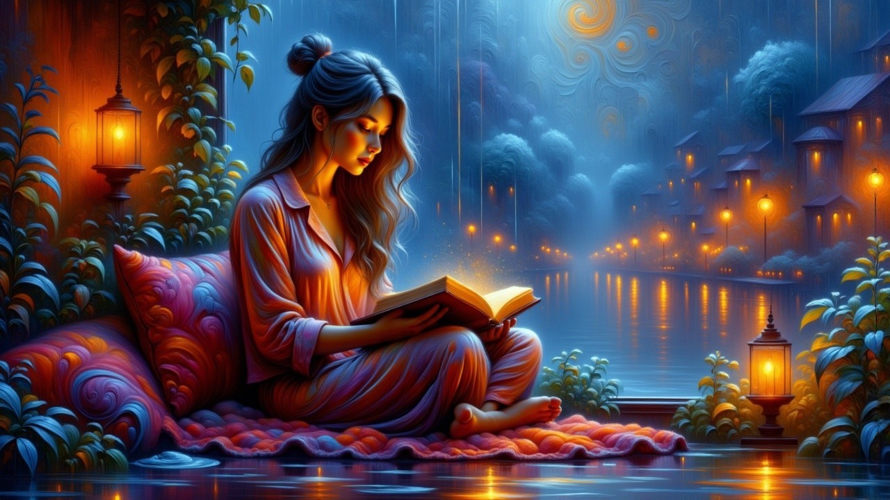Serene river scene with a woman reading at night