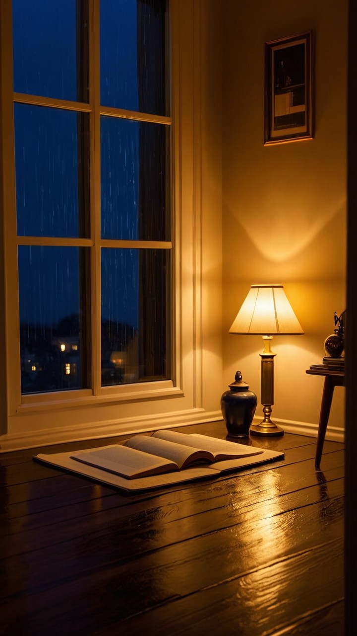 Cozy Indoor Scene with Rain and Soft Lighting
