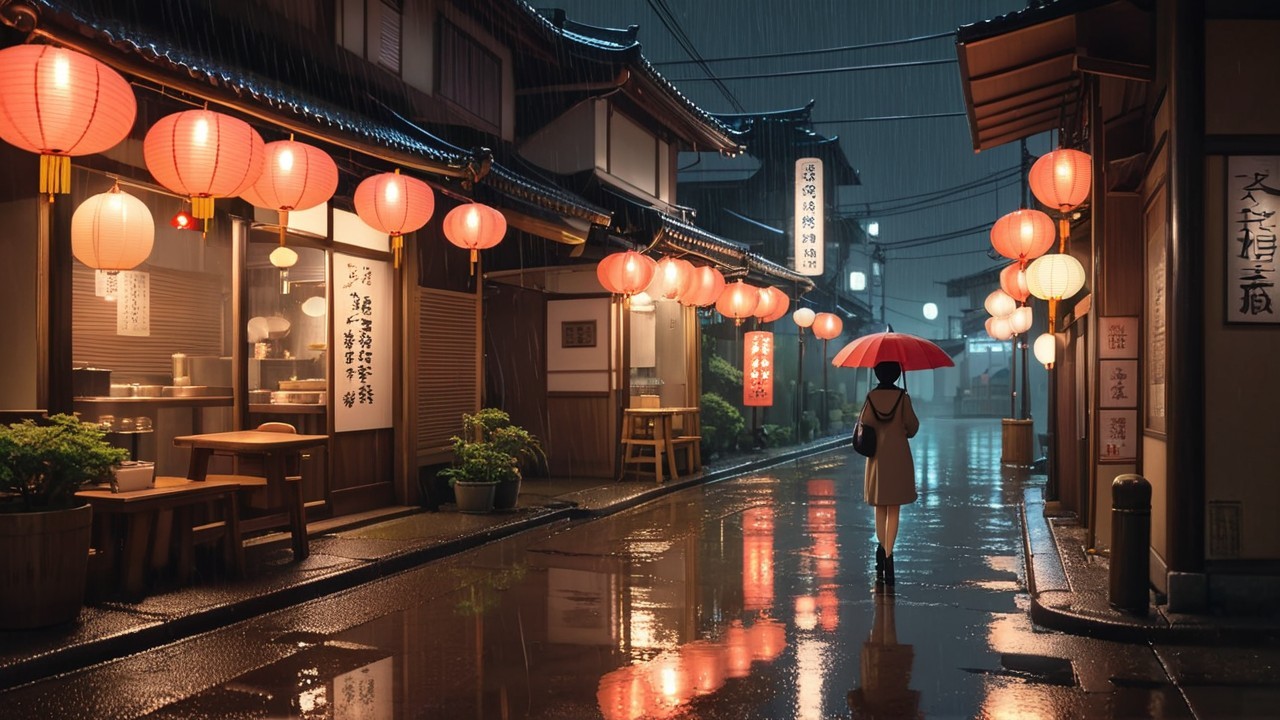 Rainy Asian Street with Lanterns and Cobblestone Path