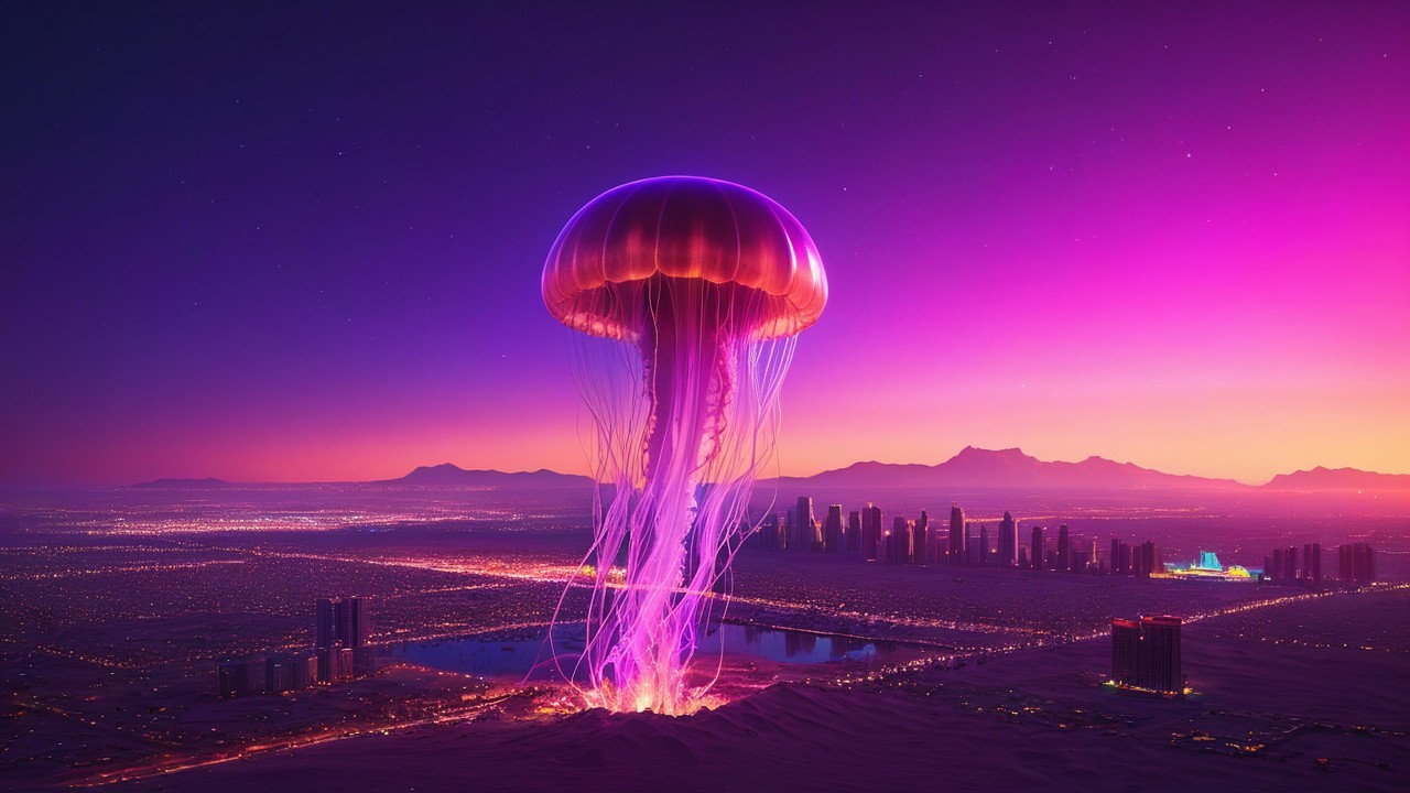Jellyfish Above Futuristic City at Dusk
