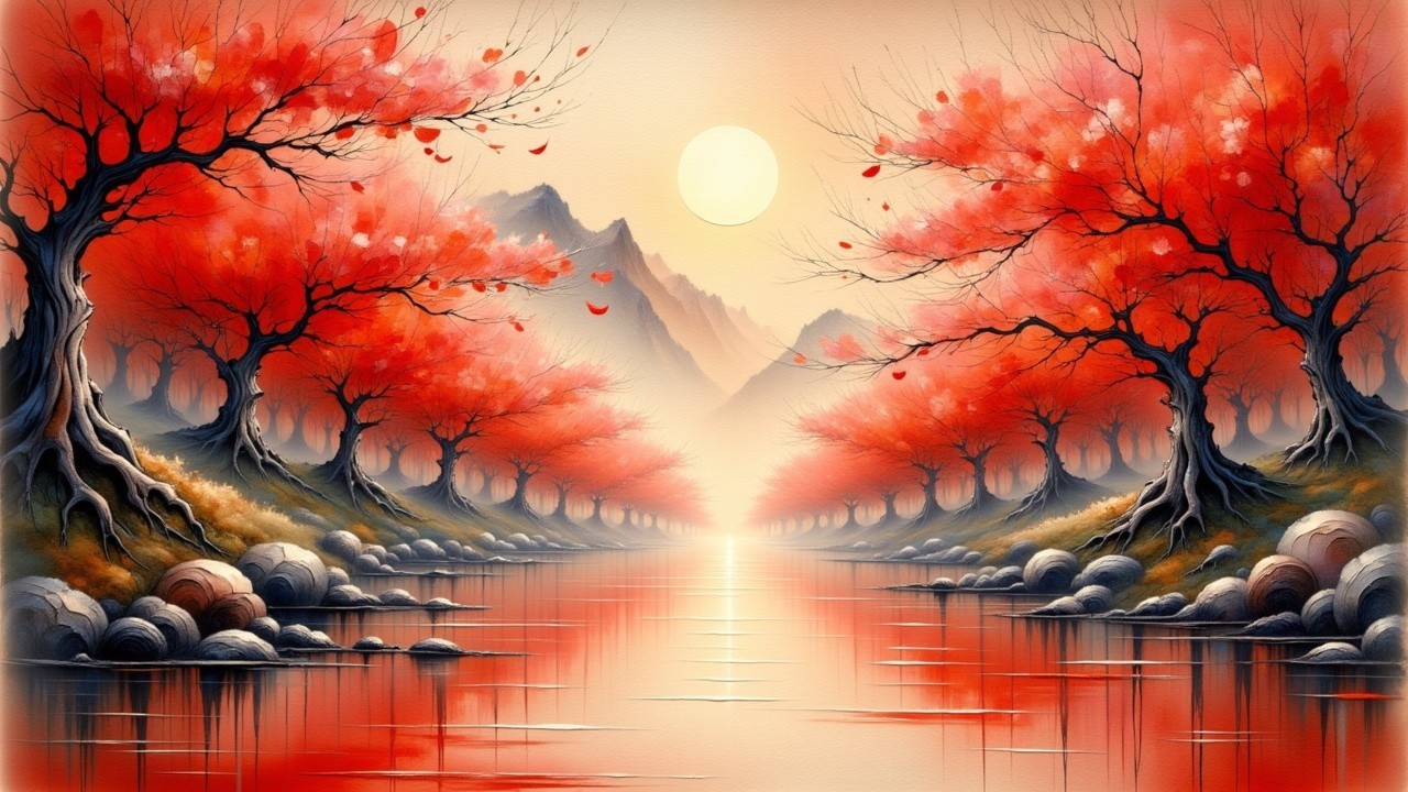 Serene Landscape with Red Trees and Calm River