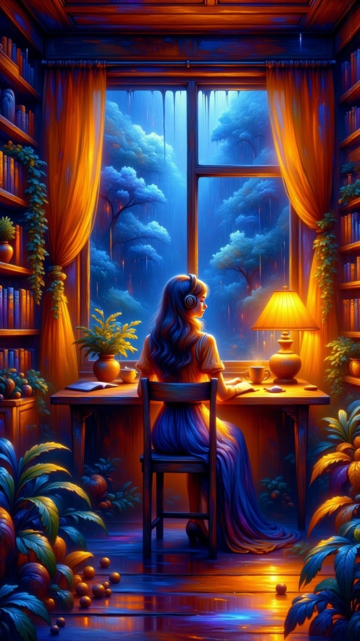 Cozy library scene with a woman working indoors