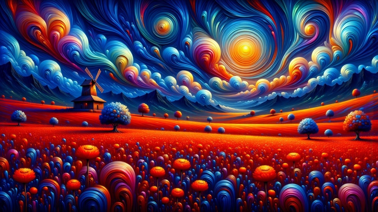 Vibrant Landscape with Swirling Skies and Windmill