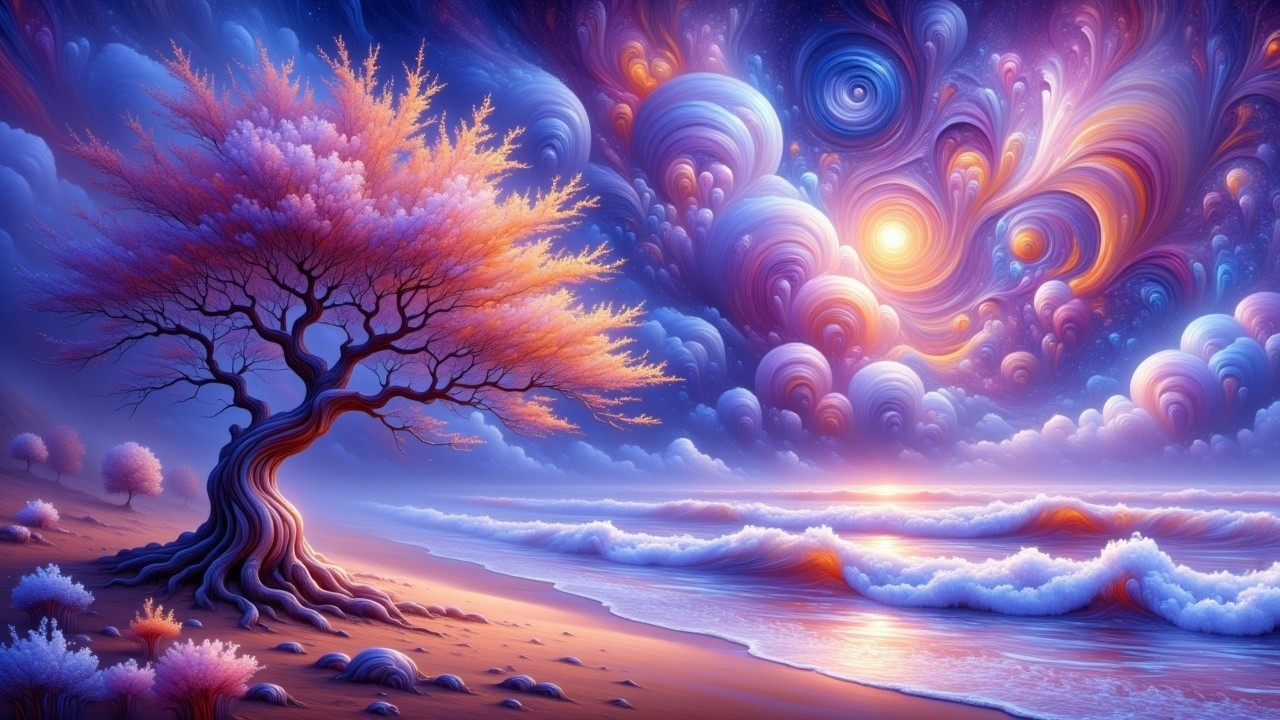 Surreal Landscape with Vibrant Sky and Serene Beach