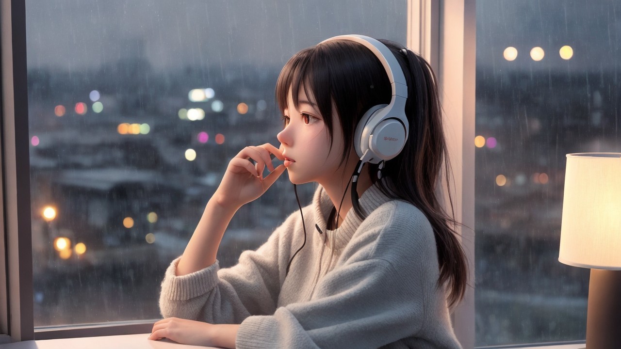 Young woman by rain-soaked window with headphones