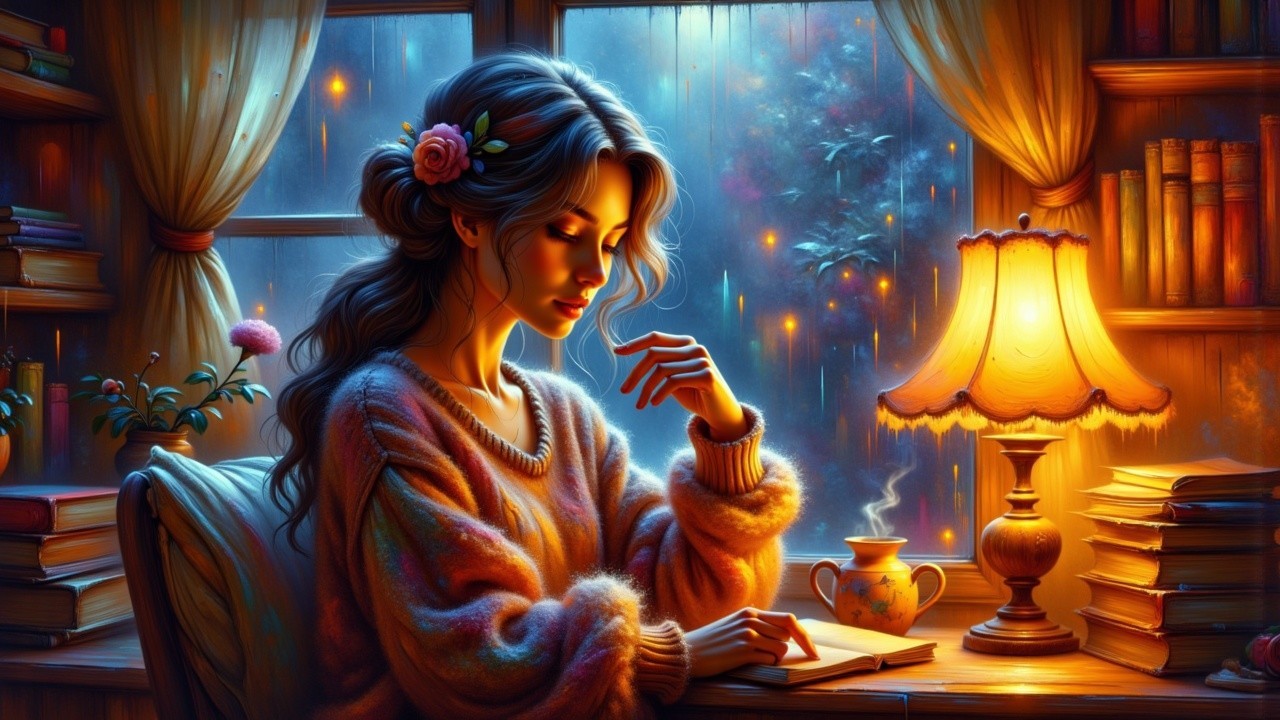 Young Woman Reading in a Cozy, Rainy Setting