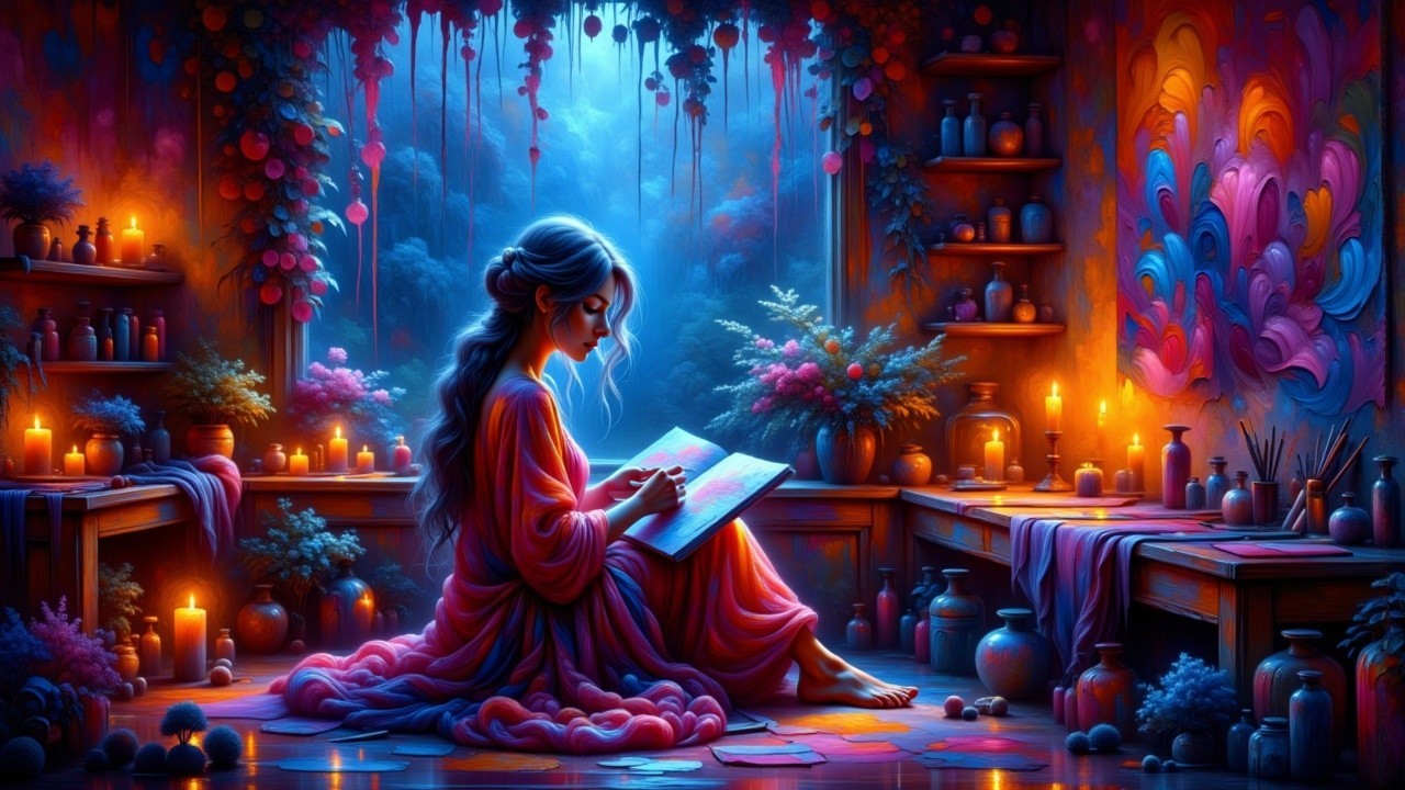 Ethereal Room with Young Woman Reading Surrounded by Art
