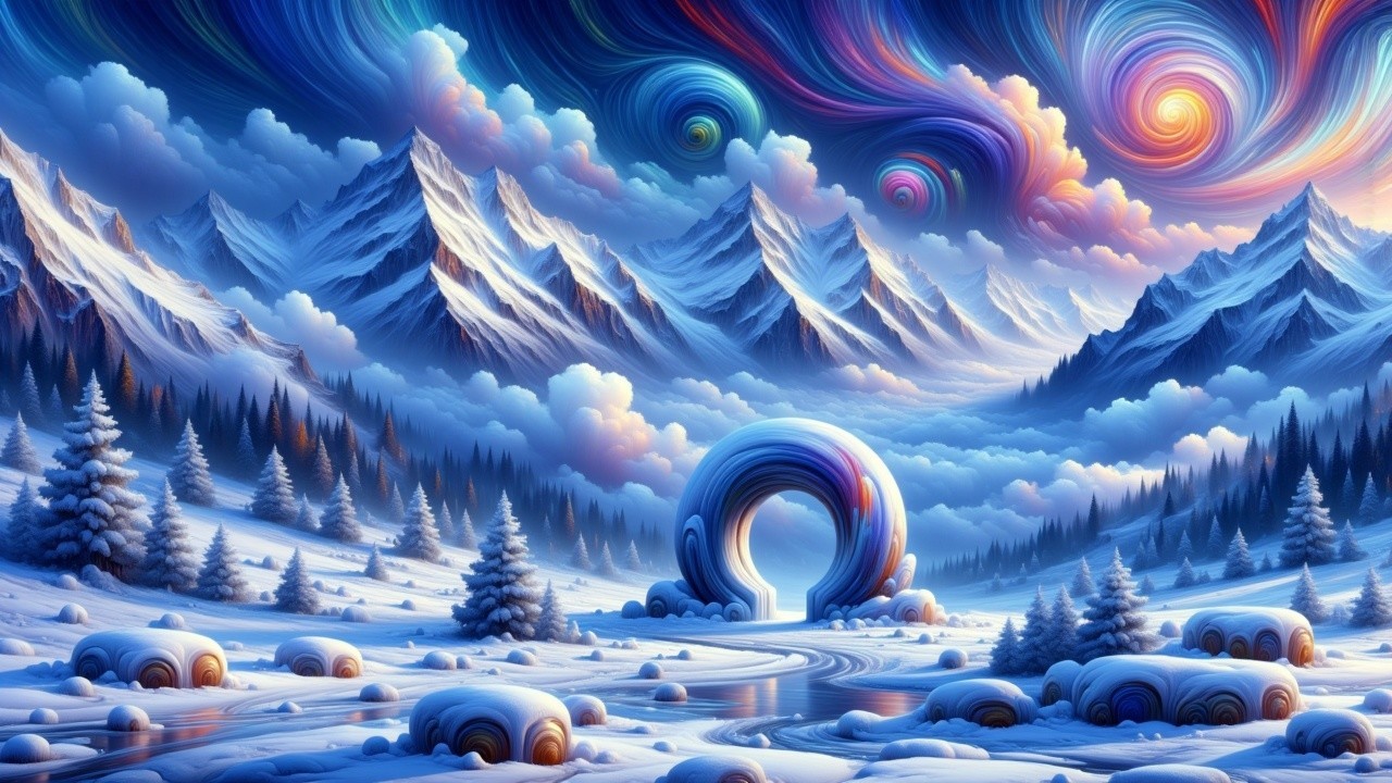 Winter Landscape with Snow-Capped Mountains and Portal