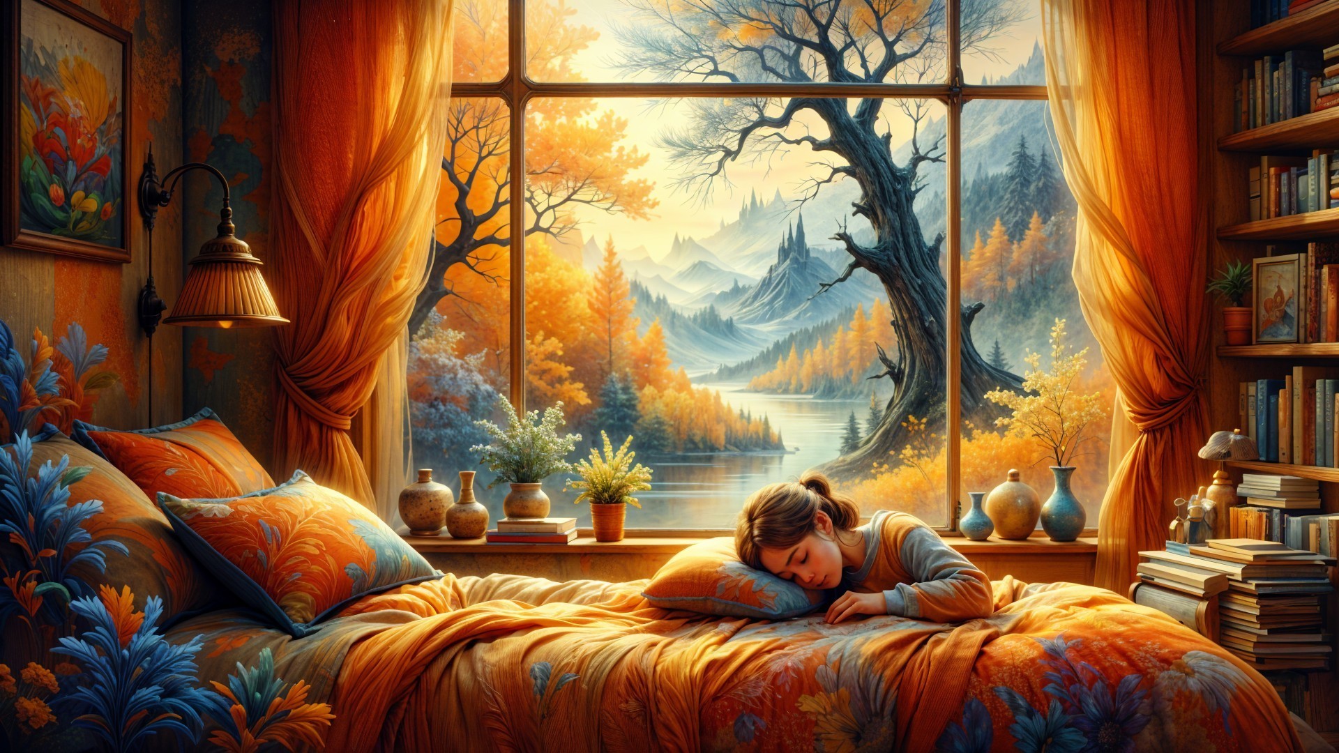 Serene Bedroom with Autumn Colors and Scenic Views