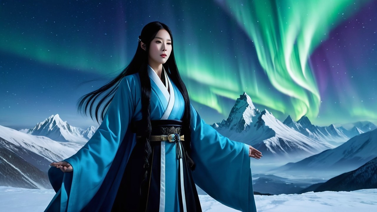 Traditional Attire Amidst Snowy Landscape and Auroras