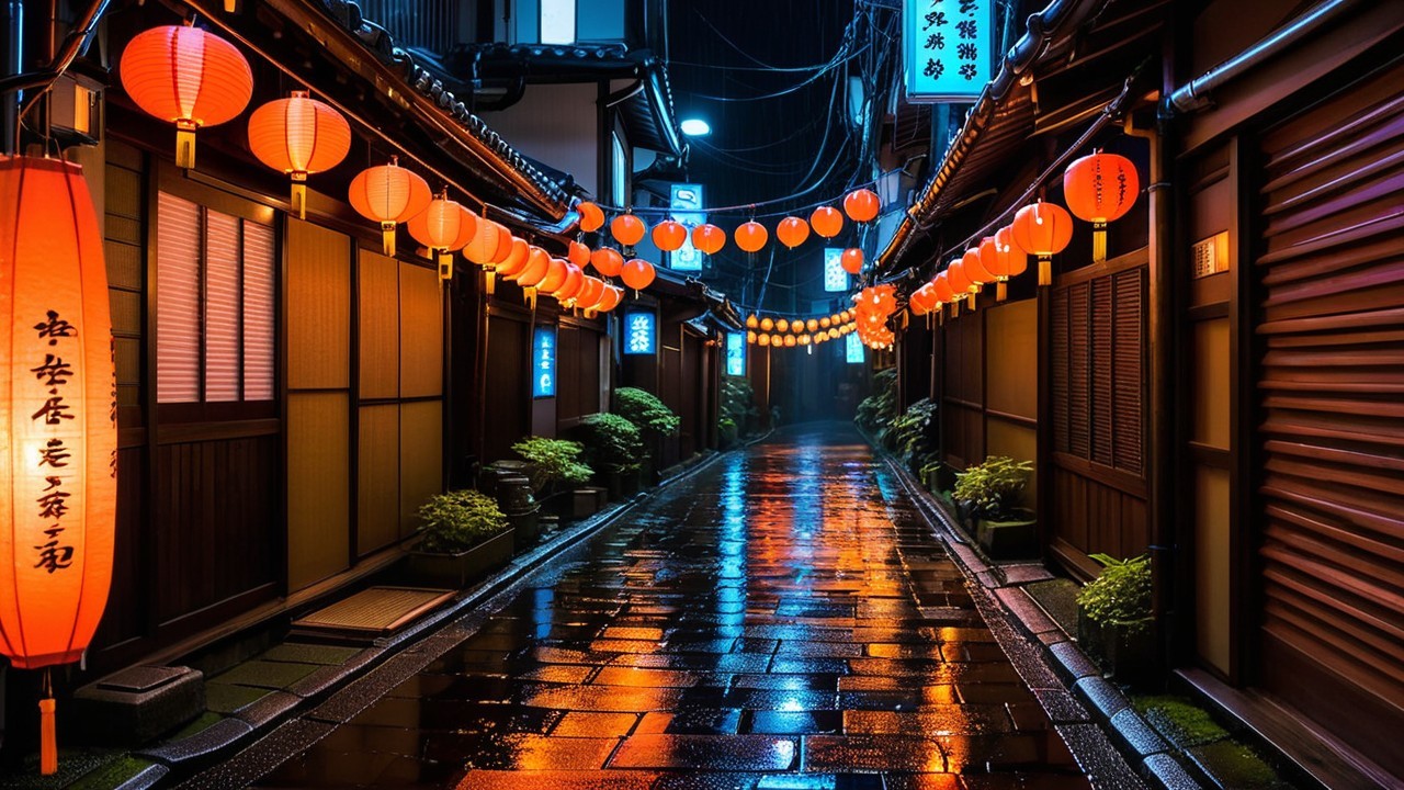 Tranquil alleyway with red lanterns and rain reflections