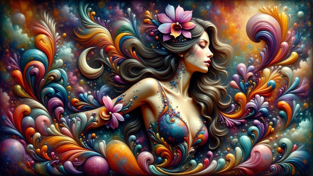 Vibrant Illustration of a Woman in Cosmic Patterns