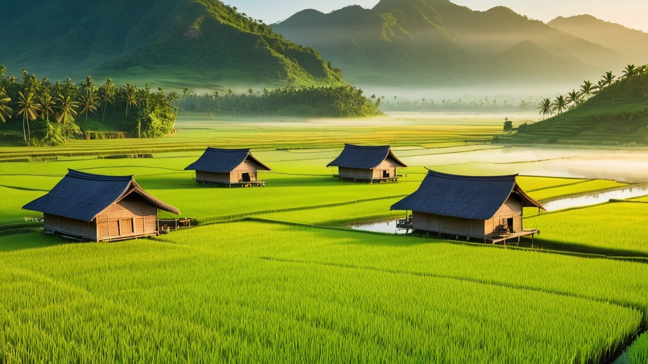 Serene Rural Landscape with Wooden Houses and Rice Paddies