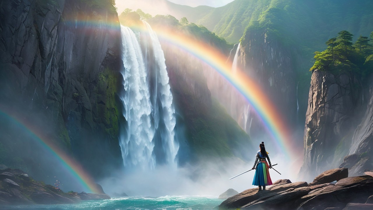 Majestic waterfall with rainbows and a poised figure