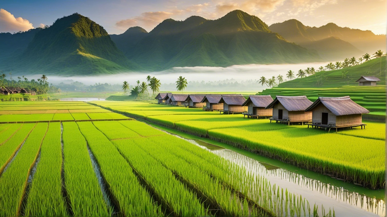 Serene Landscape of Rice Fields and Mountains