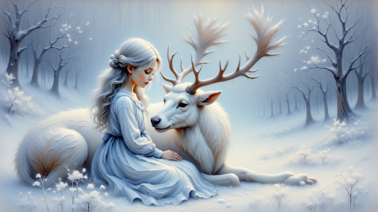 Young Girl and White Deer in Snowy Forest Scene