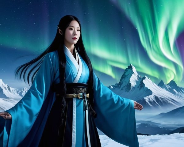 Traditional Attire Amidst Snowy Landscape and Auroras
