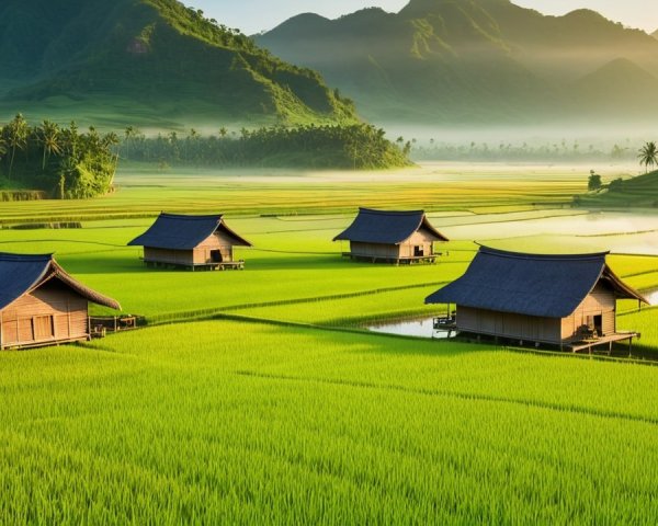 Serene Rural Landscape with Wooden Houses and Rice Paddies