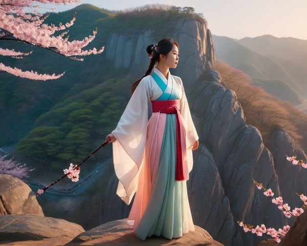 Serene Woman in Kimono on Rocky Cliff at Sunset