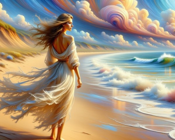 Serene Beach Scene with Woman in White Dress