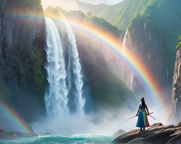 Majestic waterfall with rainbows and a poised figure