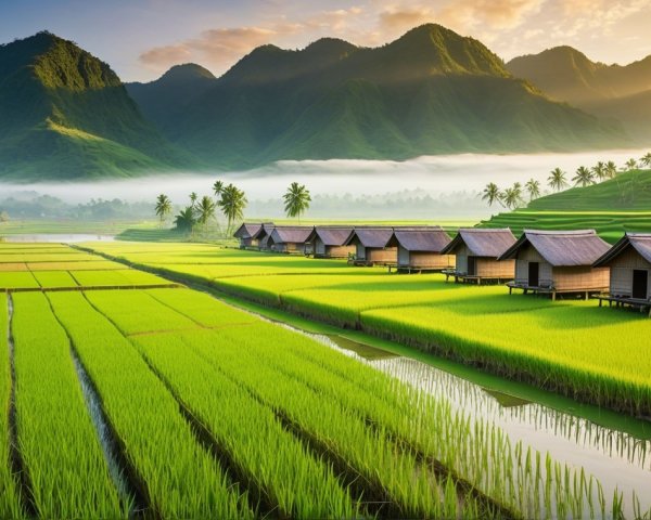 Serene Landscape of Rice Fields and Mountains