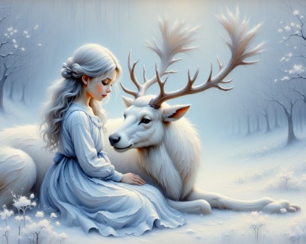 Young Girl and White Deer in Snowy Forest Scene
