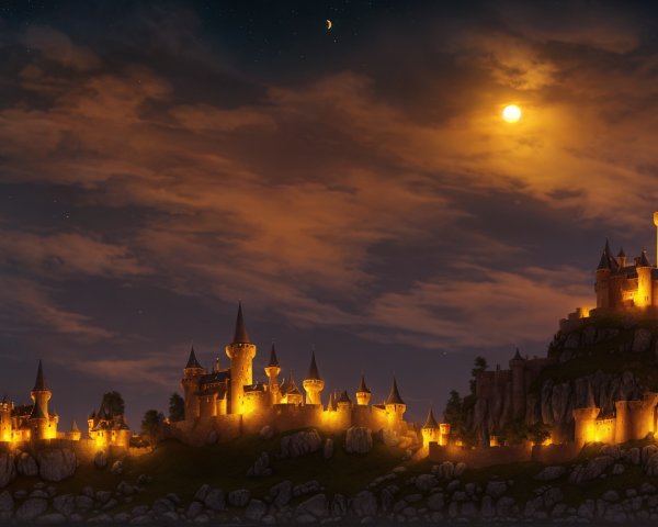 Majestic castle on a hill with starry sky and village