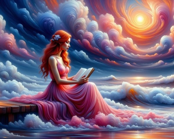 Young woman reading on a dock at sunset with lantern