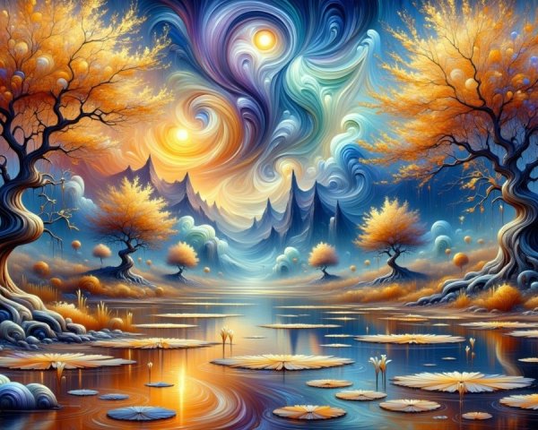 Surreal Landscape with Colorful Skies and Trees